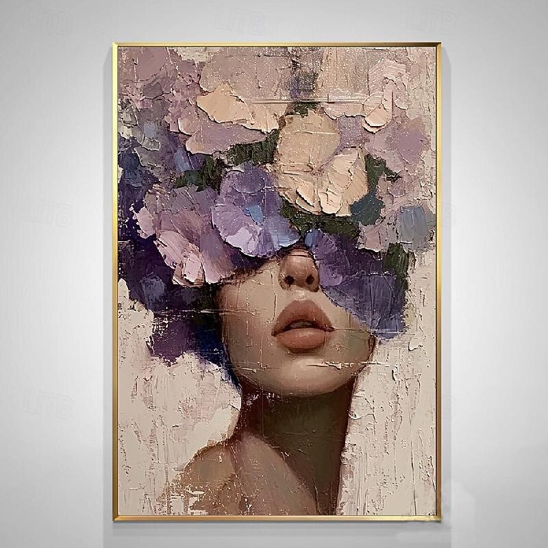 Abstract Lady Painting hand painted Woman Face Painting Large handmade Faceless Portrait Artwork Flower Figurative Canvas Art Framed Woman Art Home Decor