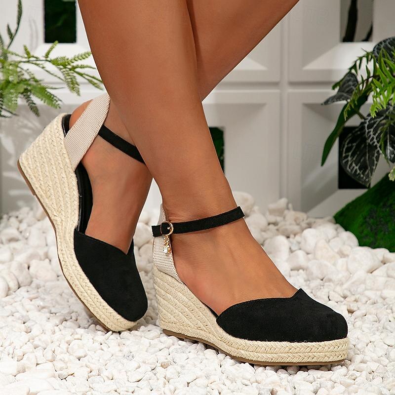 Women's Sandals Lace Up Sandals Strappy Sandals Boho Bohemia Beach Wedge Sandals Vacation Beach Wedge Bohemia Faux Suede Ankle Strap Almond Black3