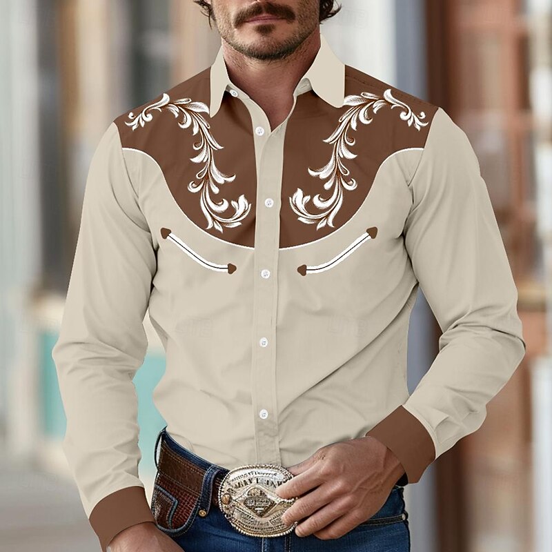 Men's Shirt Western Shirt Cowboy Shirt Long Sleeve Vintage Western Style Outdoor Street Casual Daily Fall & Winter Turndown Buttons Print Black Khaki