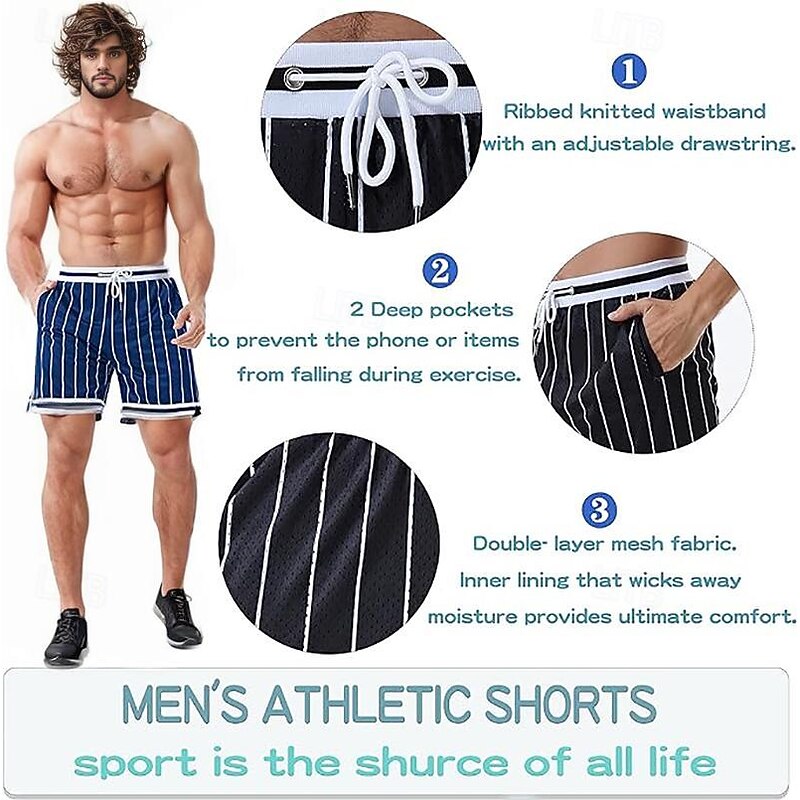 Men's Athletic Shorts Basketball Shorts Gym Shorts Mesh Shorts Pocket Drawstring Elastic Waist Stripe Comfort Short Sports Outdoor Daily Going out Fashion Casual Black White Micro-elastic2