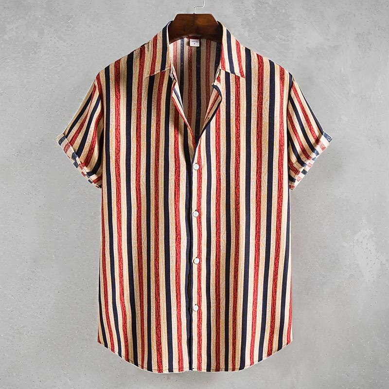 Men's Shirt Summer Shirt Casual Shirt Beach Shirt Button Up Shirt Striped Shirts Yellow Orange Coffee Short Sleeve Stripes Turndown Vacation Hawaiian Clothing Apparel Cotton Cotton Blend Fashion