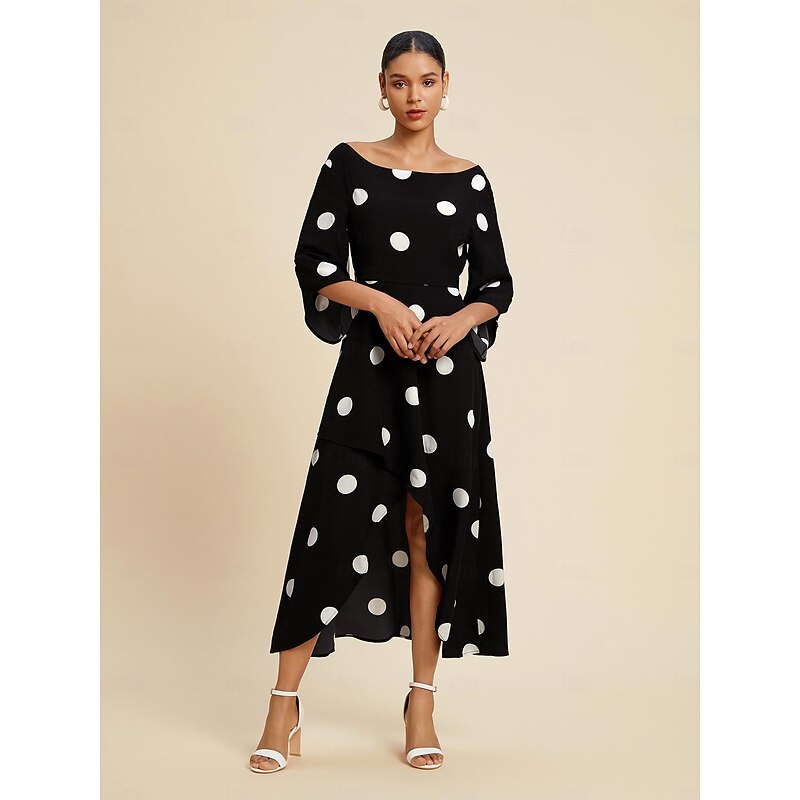 Women's Elegant Dress Midi Dress Black 3/4 Length Sleeve Polka dot print Asymetric Hem Off the Shoulder Spring & Summer Off Shoulder Elegant Romantic S M L2