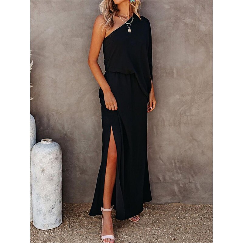 Women's Casual Dress Maxi Dress Split Vacation Streetwear Maxi One Shoulder 3/4 Length Sleeve Black Red Blue Color4