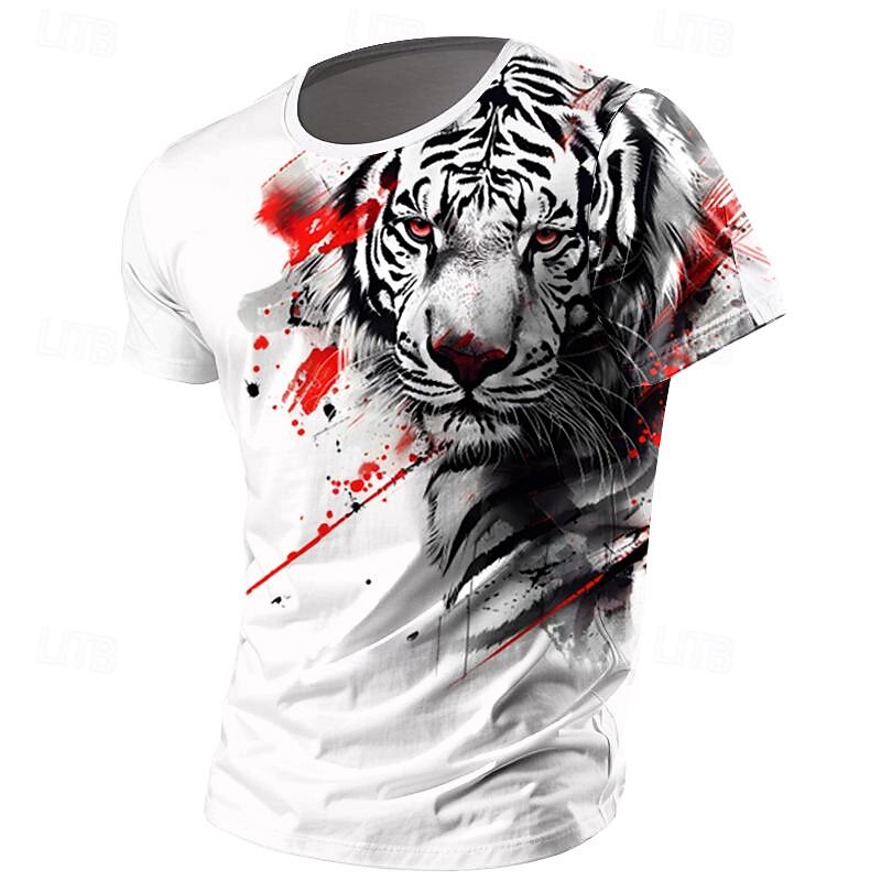 Men's Animal Tiger T Shirt T shirt 3D Print Crew Neck Shirt Fashion Athleisure Street Sports Outdoor Black / White White Summer Spring Clothing Apparel S M L XL XXL XXXL
