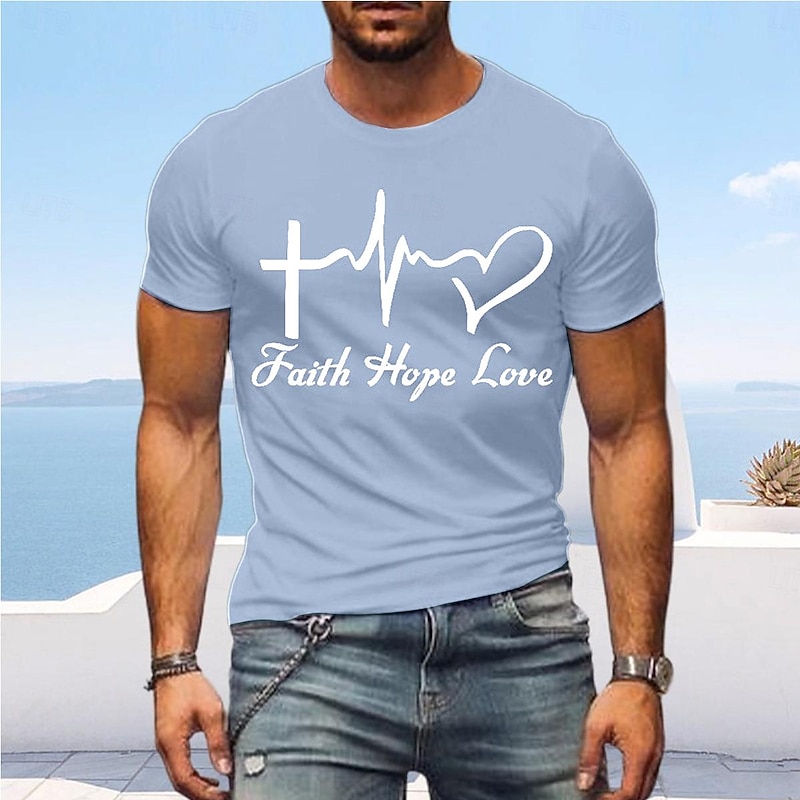 Mens Faith Hope Love T-Shirt, Christian Inspirational Graphic Tee with Heartbeat Cross Design4