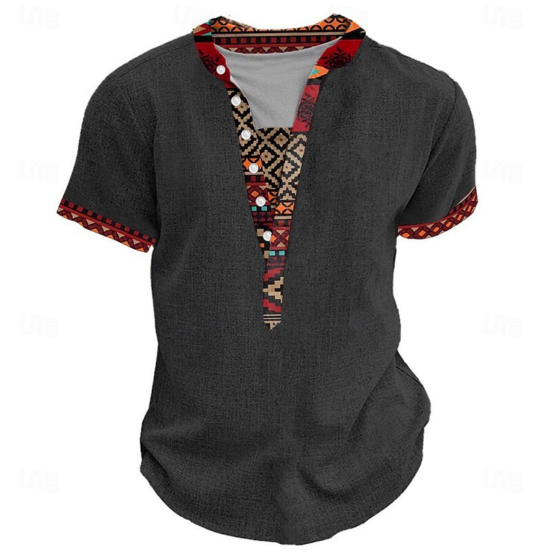 Men's Tribal Bandana Print T Shirt Henley Shirt Short Sleeve 3D Print Designer Ethnic Vacation Casual Daily Summer Spring Heather Gray Khaki Black Gray Henley Henley T-Shirt4