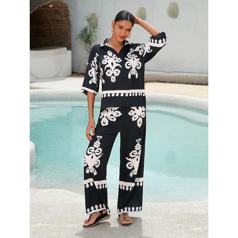 Satin Classic Print Lapel Straight Shirt Set2