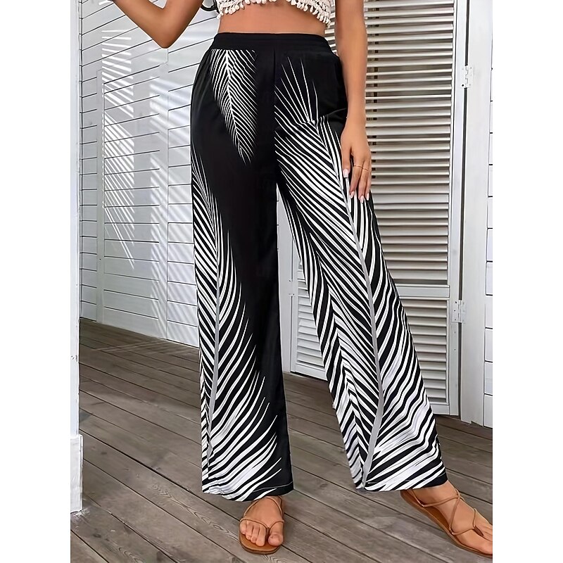Women's Wide Leg Pants Trousers Casual Daily Long Leaf Wide Leg Print Breathability Comfortable Inelastic Going out Weekend Black White Khaki Spring & Summer Regular Fit4