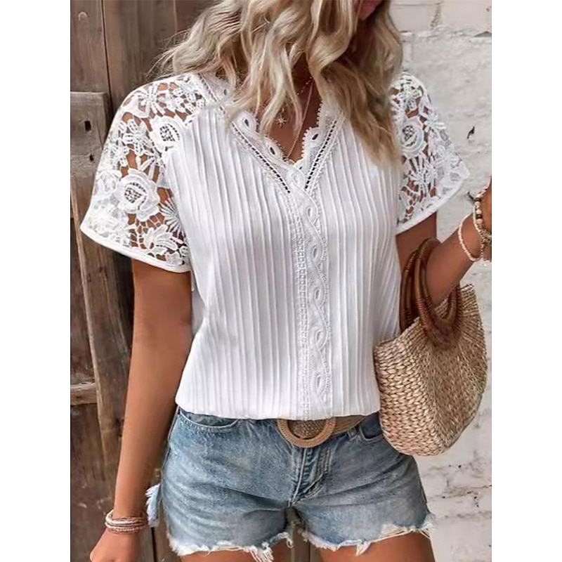 Women's White Elegant Lace Tops Eyelet Blouse Daily Stylish Plain Regular Tops Short Sleeve V Neck Lace Regular Fit Vacation Daily Romantic Petite Tops Summer Holiday Wear White Summer Spring Fall