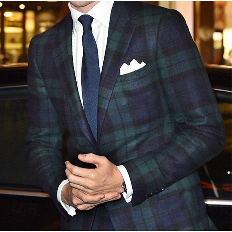 Men's Blazer Jacket Sport Coat Notch Collar Fashion Office Checkered Green Tailored Fit Single Breasted Two-buttons3