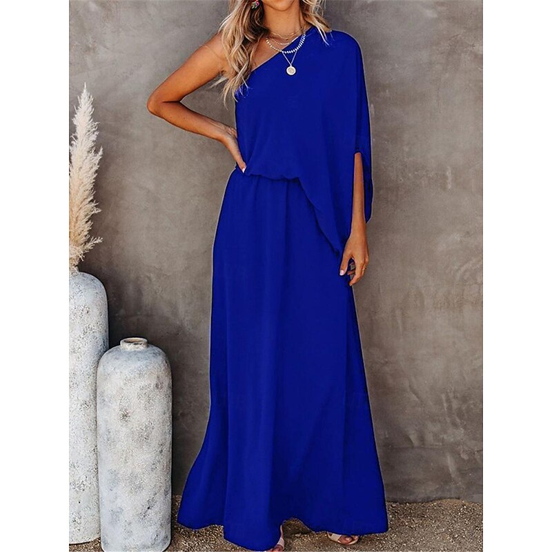 Women's Casual Dress Maxi Dress Split Vacation Streetwear Maxi One Shoulder 3/4 Length Sleeve Black Red Blue Color 5