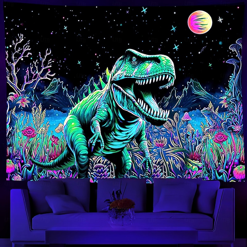 Blacklight Tapestry UV Reactive Glow in the Dark Glow Party Neon Dinasour Forest Nature Psychedelic Trippy Misty Hanging Tapestry Wall Art Mural for Living Room Bedroom2