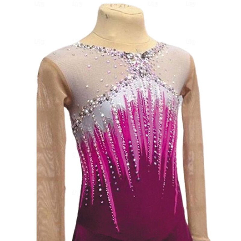Figure Skating Dress Women's Girls' Ice Skating Dress Fuchsia Patchwork Thumbhole Mesh Spandex Stretchy Training Practice Professional Skating Wear Thermal Warm Crystal / Rhinestone Long Sleeve Ice4