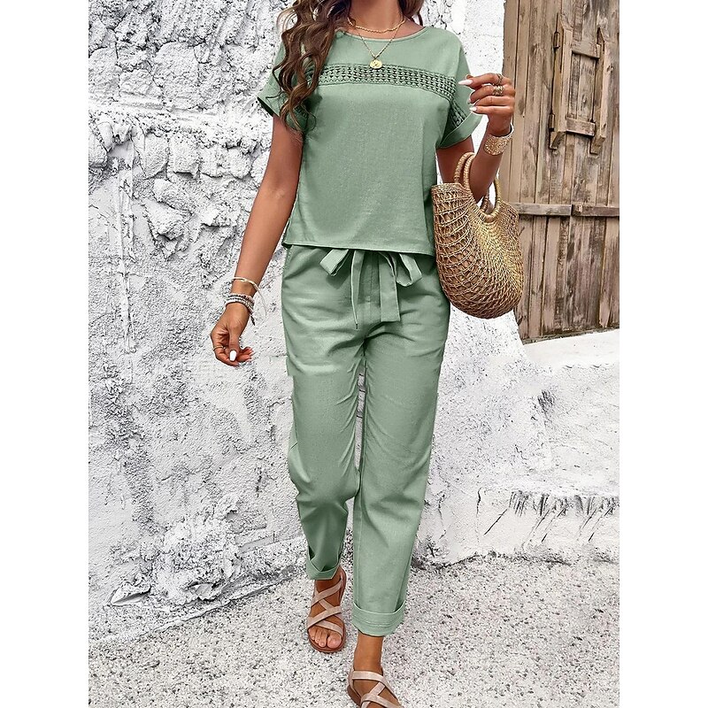 Women's Fashion Shirt Linen-Inspired Sets Two Piece Sets Pants Trousers Short Sleeve Round Neck Solid Color Drawstring Casual Daily Black Orange Green Spring & Summer Regular Fit - Main Image