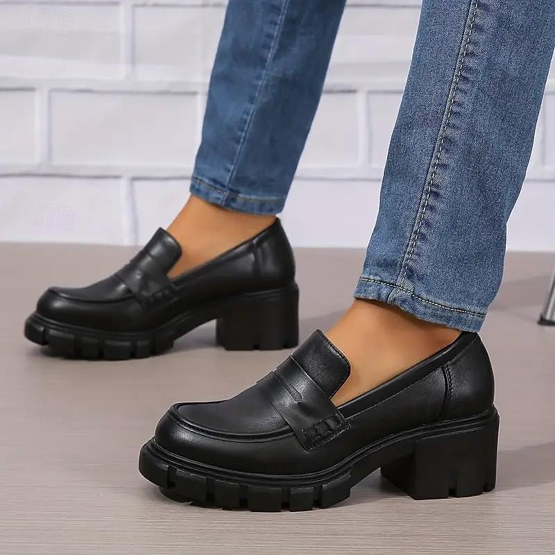 Women's Chunky Platform Loafers – Black Slip-On Round Toe Lug Sole Shoes for Casual & Office Wear3