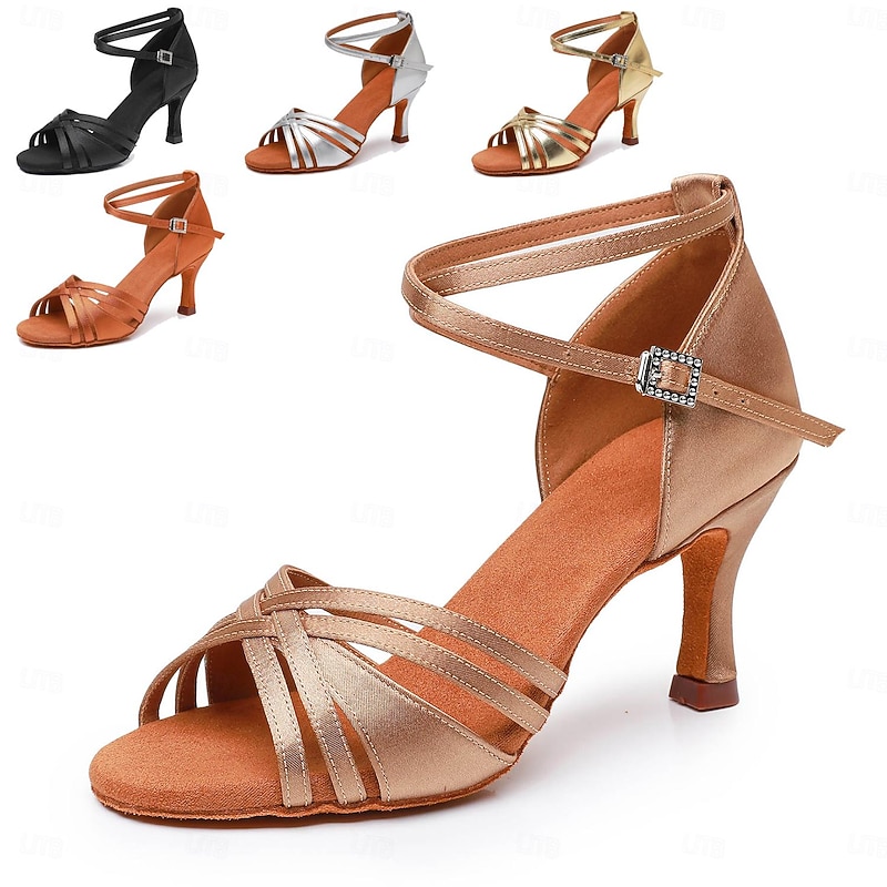 Women's Bronze Satin Latin Dance Shoes – Strappy Ballroom Sandals with Suede Sole & Adjustable Ankle Strap for Salsa & Performance