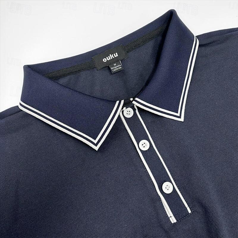 Men's Polo Shirt Golf Shirt Work Casual Lapel Ribbed Polo Collar Short Sleeve Basic Modern Color Block Patchwork Button Spring & Summer Regular Fit Black Burgundy Navy Blue Polo Shirt3