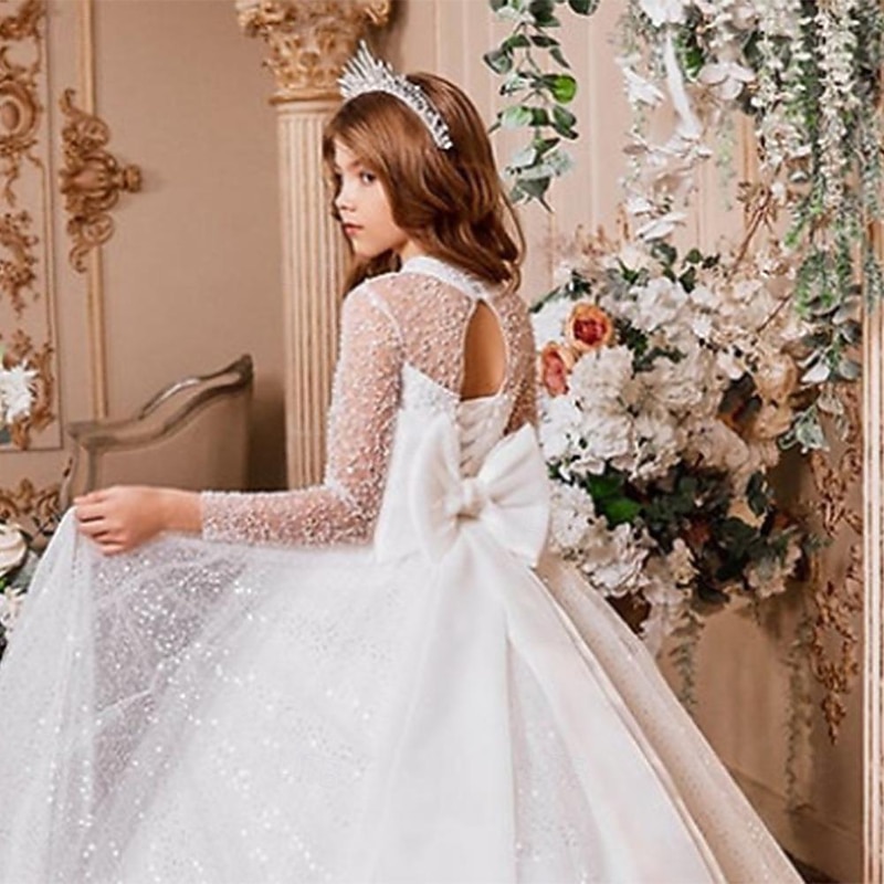 Kids Girls' Flower Girl Dress Party Dress Solid Color Long Sleeve Performance Wedding Party Mesh Princess Sweet Mesh Mid-Calf Sheath Dress Tulle Dress Summer Spring Fall 2-12 Years White4