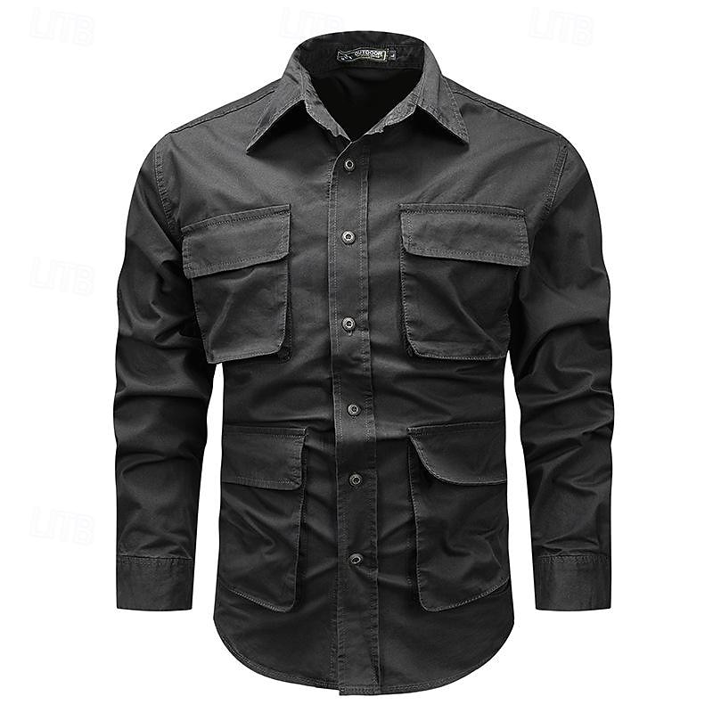 Men's Shirt Workwear Shirts Casual Shirt Work Shirt Button Up Shirt Cargo Shirt Black khaki Army Green Long Sleeve Plain Turndown Vacation Holiday Front Pocket Clothing Apparel Fashion Casual3