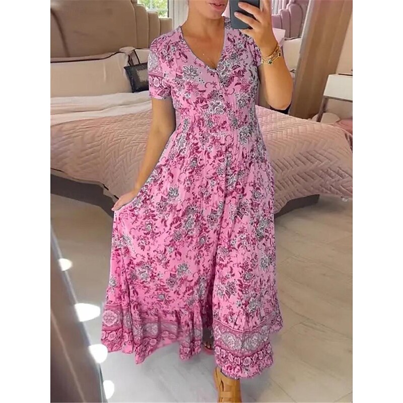 Women's Long Dress Maxi Dress Casual Dress Swing Dress A Line Dress Summer Dress Stylish Casual Vacation Daily Regular Fit Floral Short Sleeve V Neck Pink Green Light Blue Summer3