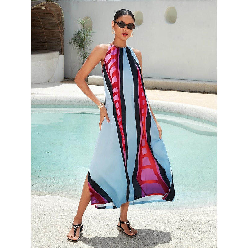 Women's Halter Neck Dress Satin Maxi Maxi Dress Rainbow Sleeveless Contrast Color Color Block Summer Halter Neck Vacation S M L2
