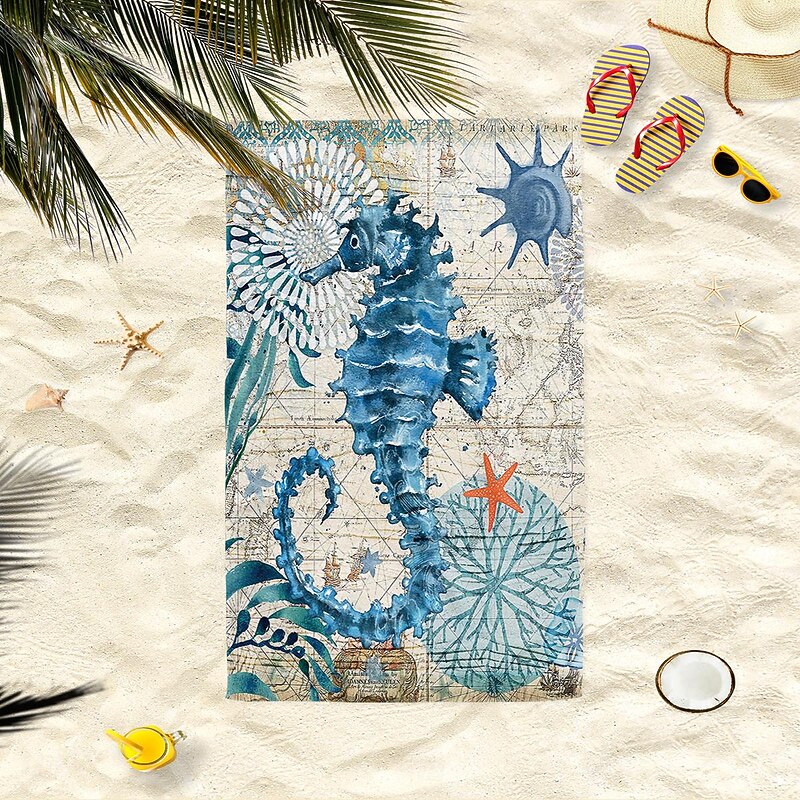 Beach Towel Quick-Drying Vintage Seahorse Sea Turtle Soft Microfiber Sand Pool Bath Outdoor Travel Towel Camping Swimming Yoga Sports Girls Women Men Adults2