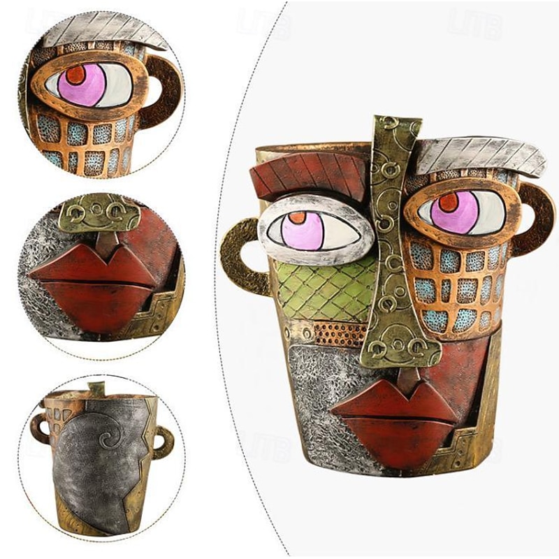 Brutalist Abstract Beauty Face Flower Pot Colorful Resin Head Planter with Handles for Easy Moving, Unique Artistic Decor for Indoor/Outdoor Plants, Perfect Gift for Art and Plant Lovers3