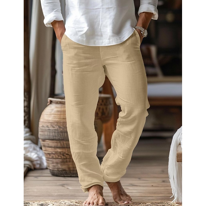 Men's Linen Pants Trousers Beach Pants Pocket Drawstring Plain Comfort Breathable Home Daily Stylish Classic Style Black White Micro-elastic2
