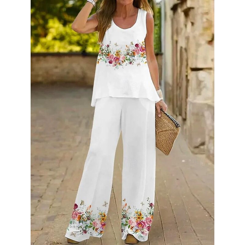 Women's Fashion Tank Top Pants Sets Wide Leg Pants Trousers Sleeveless Round Neck Floral Print Holiday Weekend White Ivory Light Green Summer Regular Fit2