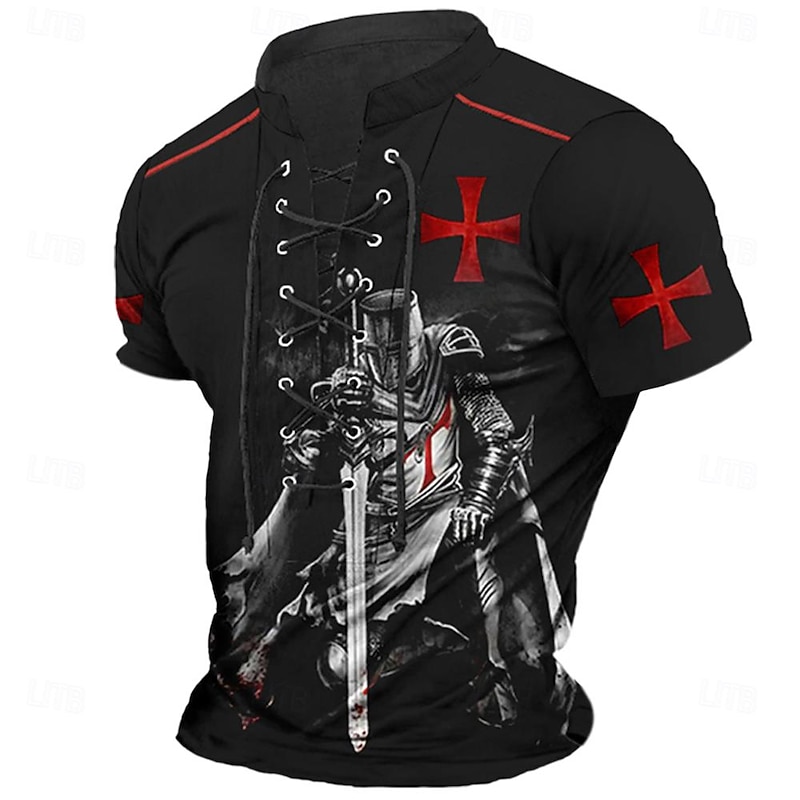 Templar Cross Knights Templar Retro Vintage Men's 3D Print T shirt Tee Sports Outdoor Casual Daily T shirt Black Short Sleeve Crew Neck Lace Up Neck Shirt Spring & Summer Clothing Apparel S-3XL