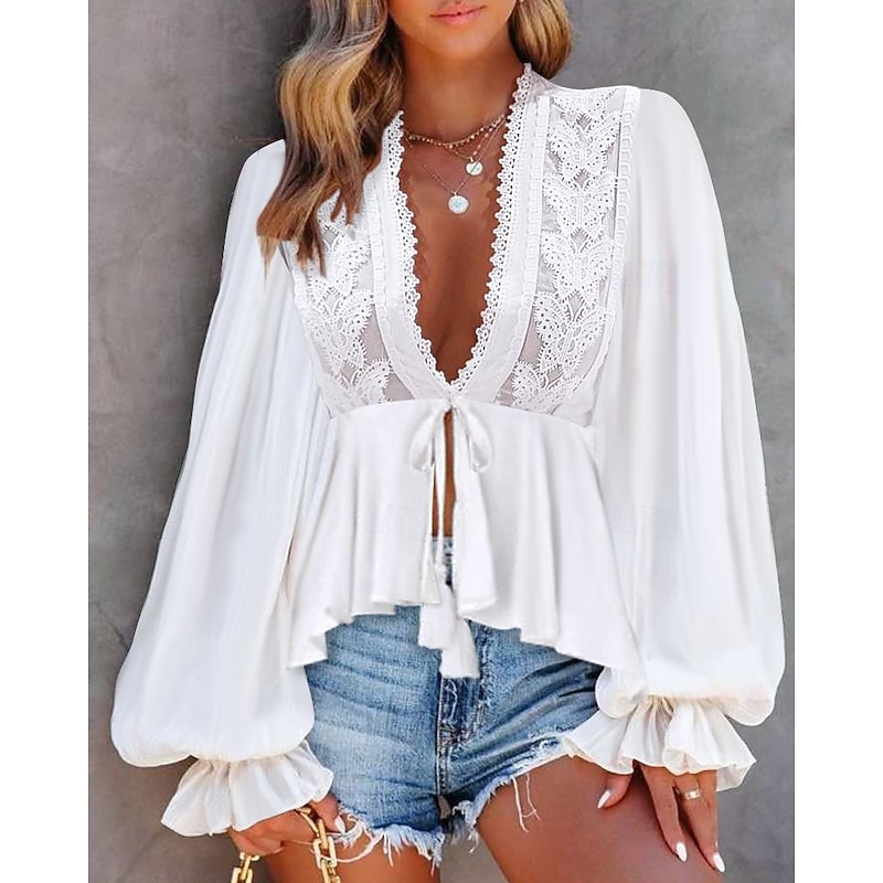 Women's Shirt Boho Shirt Blouse Plain Fashion V Neck Street Daily Lace White Sky Blue Summer - Main Image