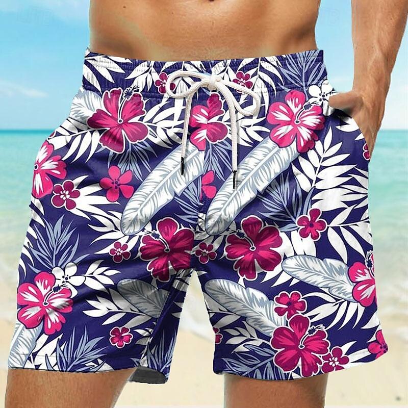 Men's Leaf Plants Flower / Floral Swim Trunks Swim Shorts Board Shorts Mid Waist Fashion Streetwear Designer Casual Daily Holiday Pocket Drawstring Elastic Waist Designer Clothing Apparel