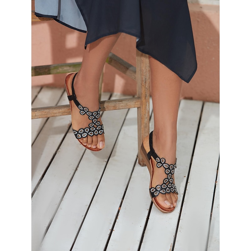 Women's Boho Rhinestone T-Strap Wedge Sandals – Summer Floral Design with Elastic Ankle Strap for Beach and Casual Wear4