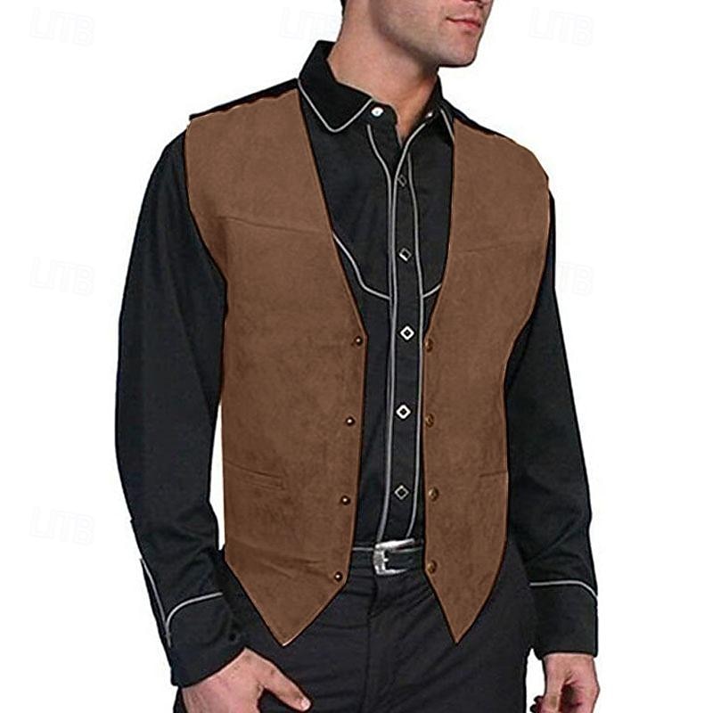 Men's Vest Gilet Daily Wear Vacation Going out Vintage Fashion Spring &  Fall Button Front Pocket Polyester Comfortable Plain Single Breasted V Neck Regular Fit Black Light Brown Brown Vest4
