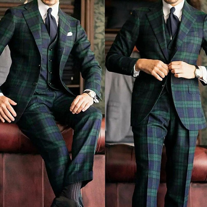 Men's Wedding Party Suits Notch Notch Lapel Dark Green Plaid Checkered Tailored Fit 3 Piece Single Breasted Two-buttons2