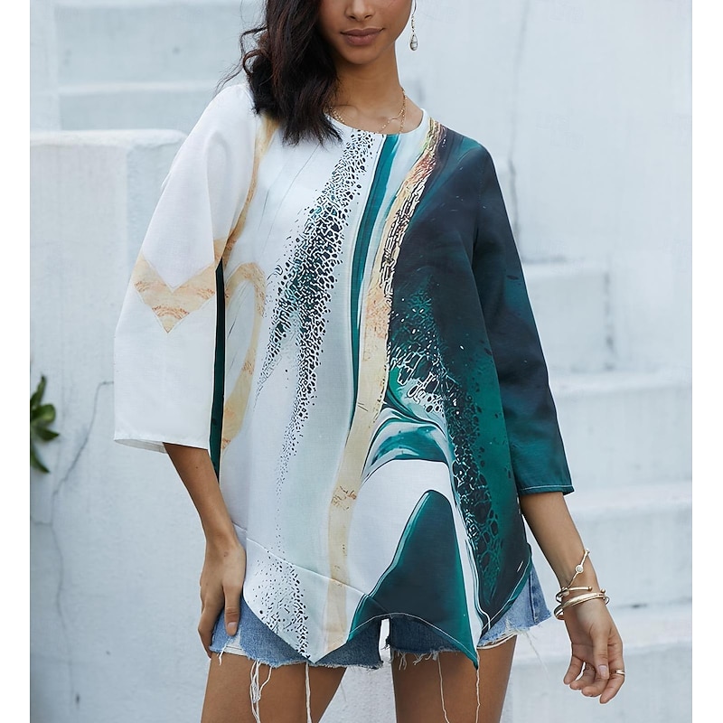 Women's Blouse Long Sleeve Asymmetrical Hem Chiffon Basic Floral Print Regular Tops Round Neck Casual Daily Green Spring Fall2