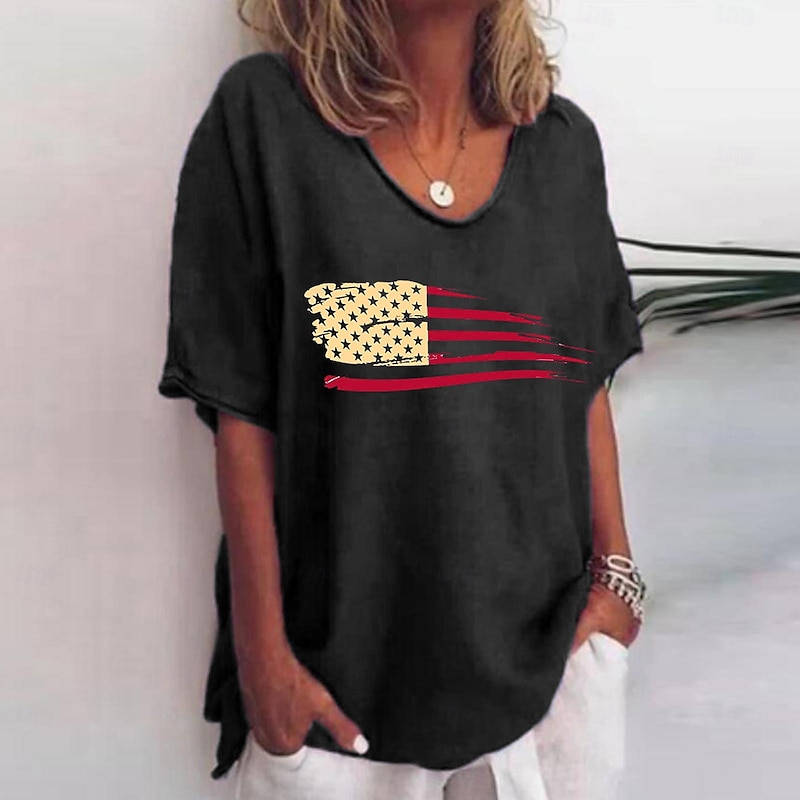 Women's T Shirt Cotton Linen Shirts USA Casual Short Sleeve Round Neck Regular Tops Vacation Independence Day Print Black Wine Navy Blue Summer