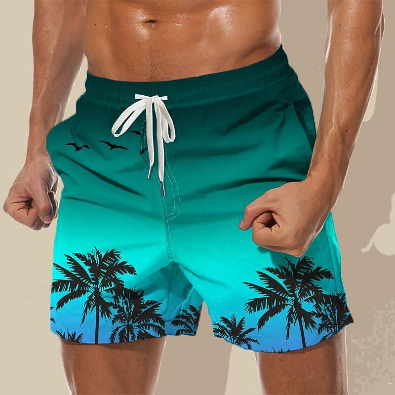 Men's Coconut Tree Gradient Color Swim Shorts Board Shorts Swimming Trunks Mid Waist Fashion Streetwear Designer Casual Daily Holiday Pocket Drawstring Elastic Waist Designer Clothing Apparel