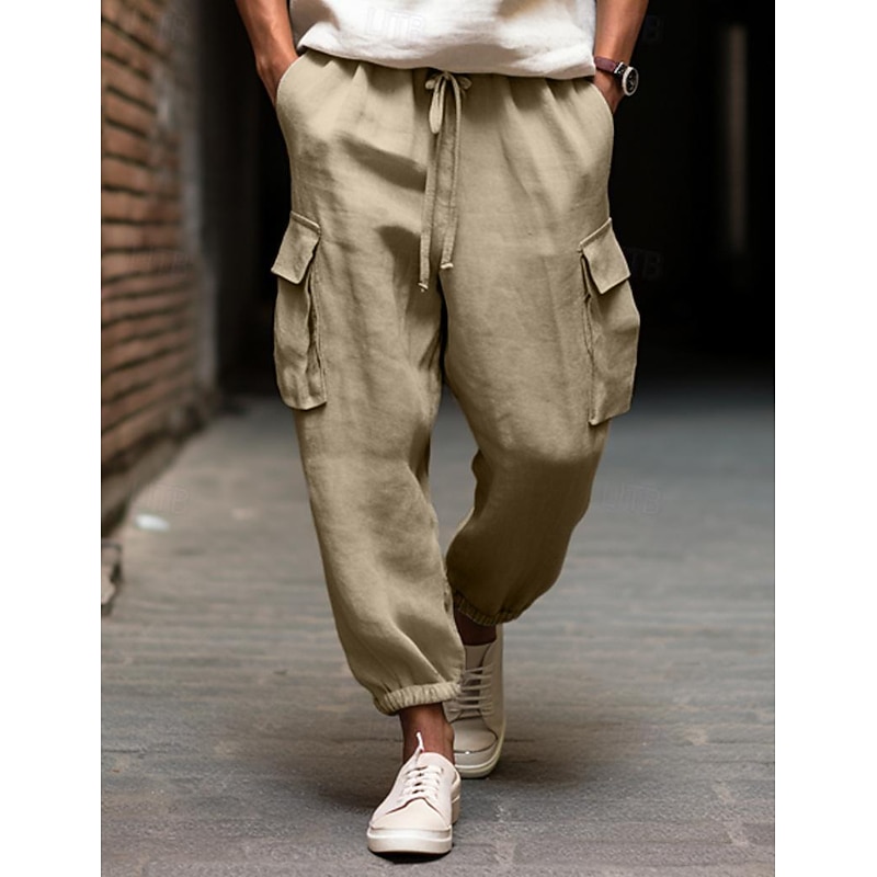 40% Linen Men's Linen Pants Trousers Summer Pants Pocket Drawstring Elastic Waist Plain Breathable Comfortable Daily Vacation Going out Classic Casual Black White2