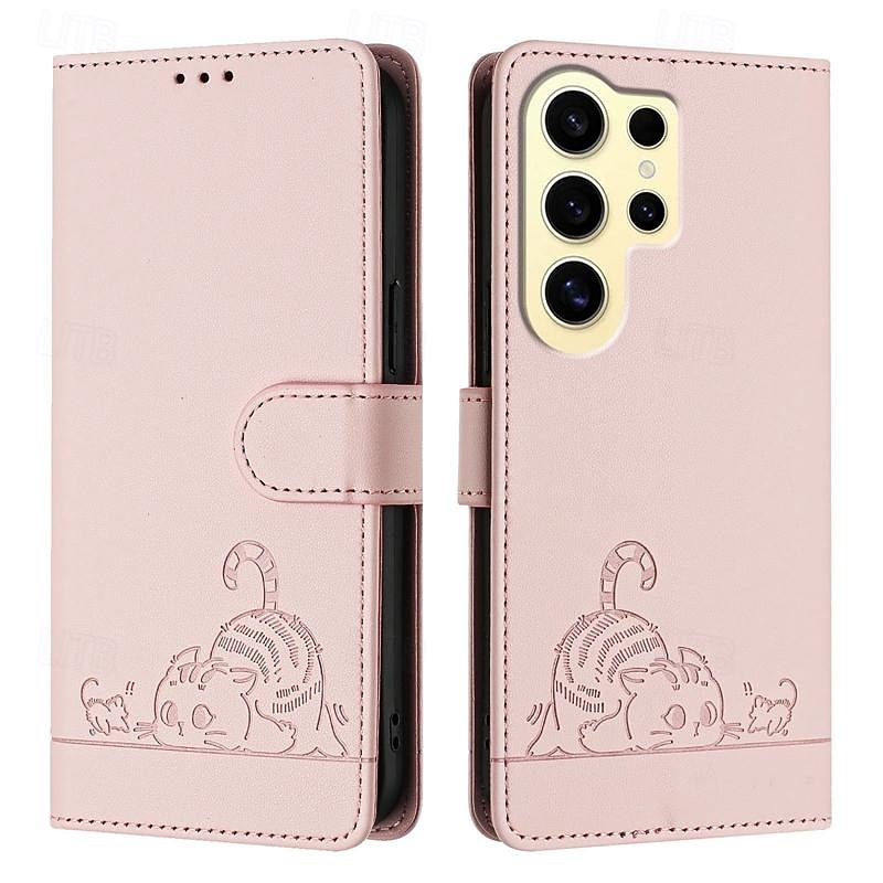 Phone Case For Samsung Galaxy S25 S24 S23 S23 FE S22 S21 Ultra Plus A55 5G A35 5G A25 A15 Back Cover with Stand Holder Magnetic with Wrist Strap Cat Retro TPU PU Leather2
