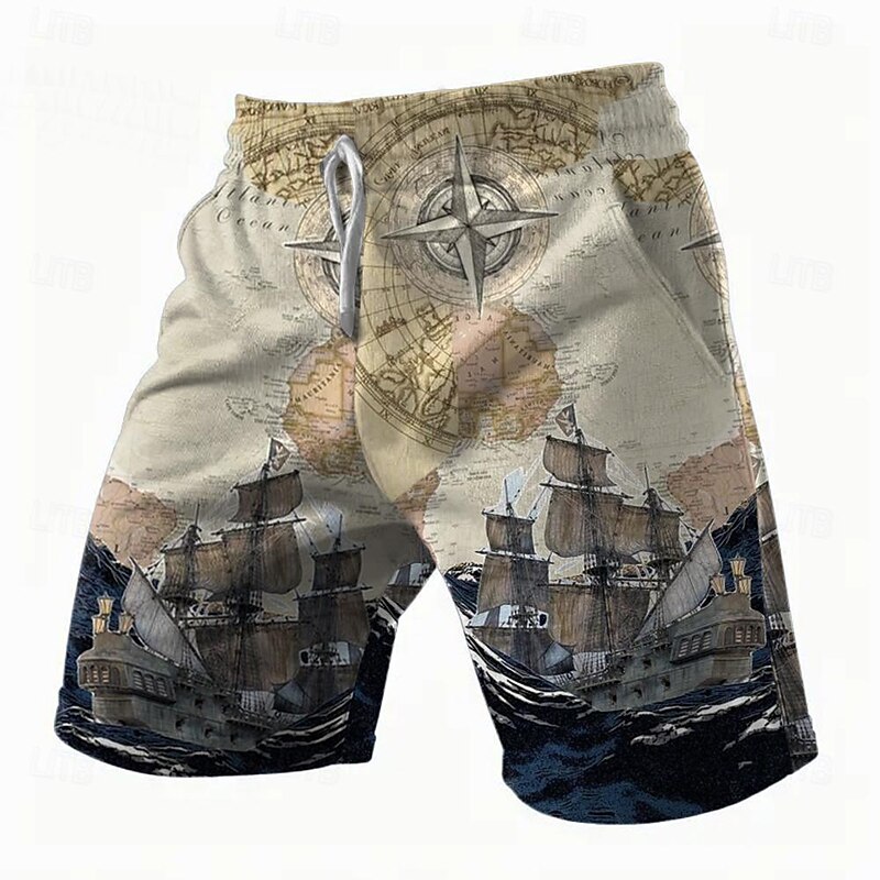 Men's Nautical Compass Sailboat Shorts Summer Shorts Casual Shorts Mid Waist Streetwear Hawaiian Retro Vintage Casual Daily Holiday Drawstring Pocket Elastic Waist Designer Clothing Apparel