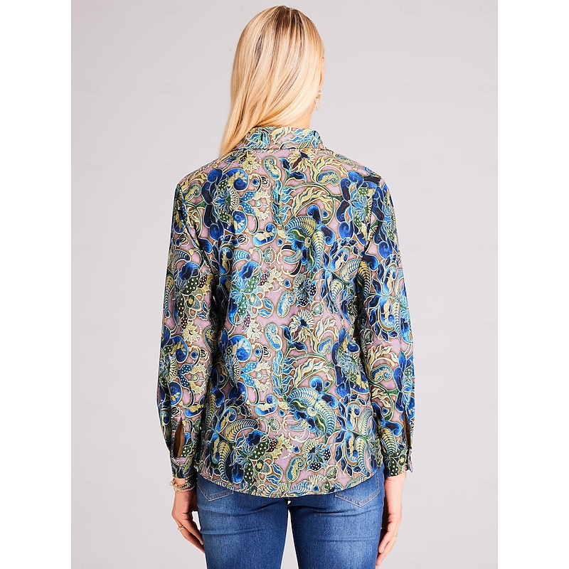 Women's Shirt Button Down Tunic Shirt Collar Long Sleeve Hawaiian Maroon Black Pink Graphic Floral Print Casual Vintage Regular Holiday Clothes3