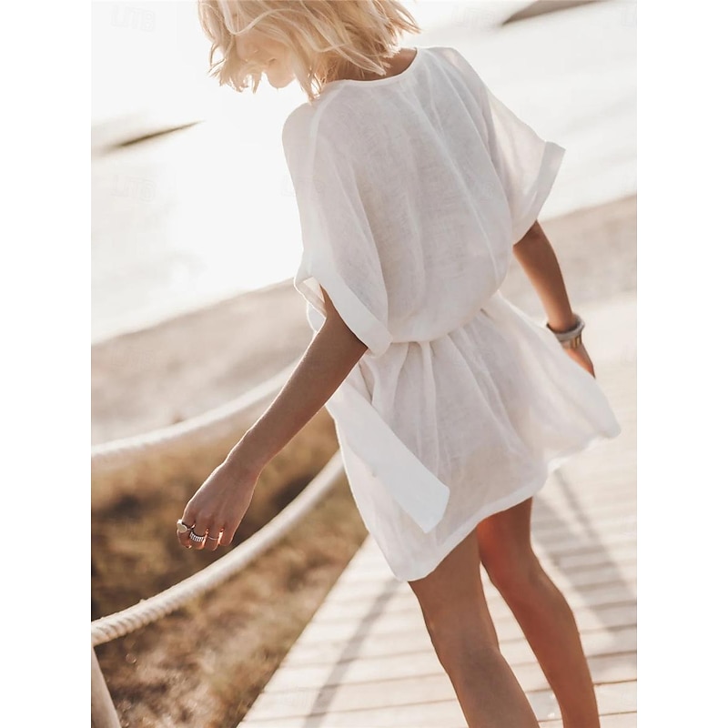 Women's Black White Summer Spring Mini Dress Linen-Inspired Dresses White Dress Casual Dress Vacation Basic Modern Daily Weekend Loose Fit Plain V Neck4