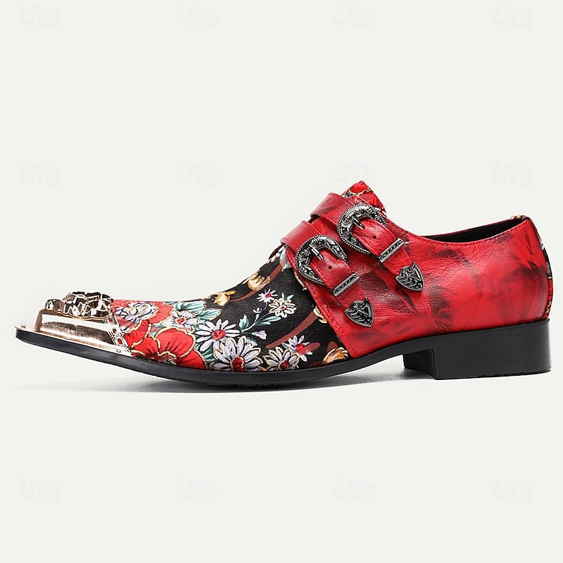 Men's Red Leather Floral Embroidered Double Monk Strap Shoes with Metallic Toe Detail3