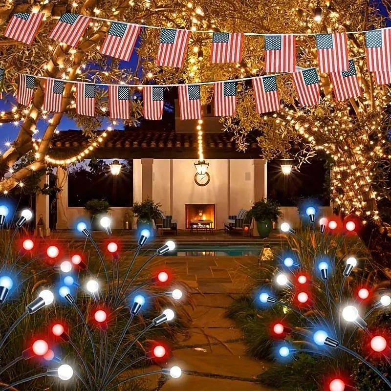 2pcs Patriotic Solar Firefly Lawn Light Independence Day Fourth of July Decorative Garden Light Red White Blue Outdoor Waterproof Swaying Star Lights Outdoor Garden Memorial Day Decoration2