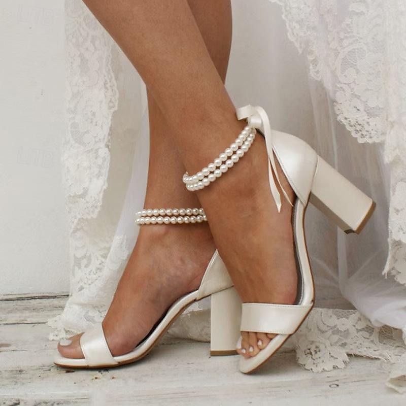 White Satin Wedding Sandals with Pearl Anklet and Block Heels - Elegant Bridal Shoes for Special Occasions