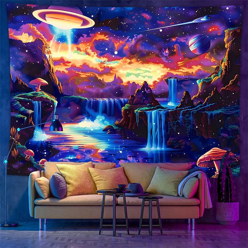 Blacklight Tapestry UV Reactive Glow in the Dark Glow Party Neon Galaxy Universe Mushrooms Psychedelic Trippy Misty Hanging Tapestry Wall Art Mural for Living 7