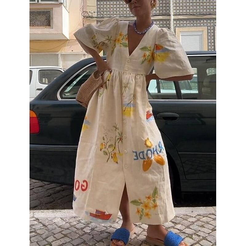 Women's Leaf Animal Print V Neck Puff Sleeve Midi Dress Bohemia Daily Vacation Short Sleeve Summer