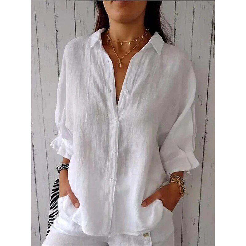 Women's Shirt Cotton Linen Shirts Button Up Blouse Plain Basic Modern Shirt Collar Street Daily Buttons Black White Pink Army Green Summer