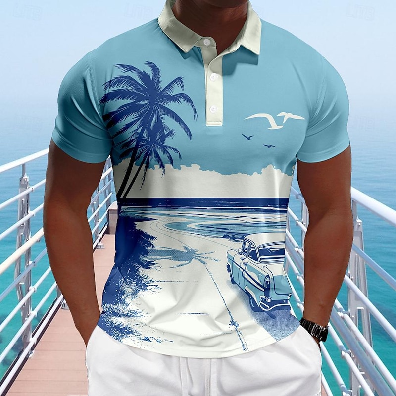 Kentucky Derby Men's Hawaiian Polo Shirts Golf Shirt Short Sleeve Polo Shirts Collared Shirts Beach Wear Vacation Wear Tropical Wear Party Outfits Buttons 3D Print Spring & Summer Blue